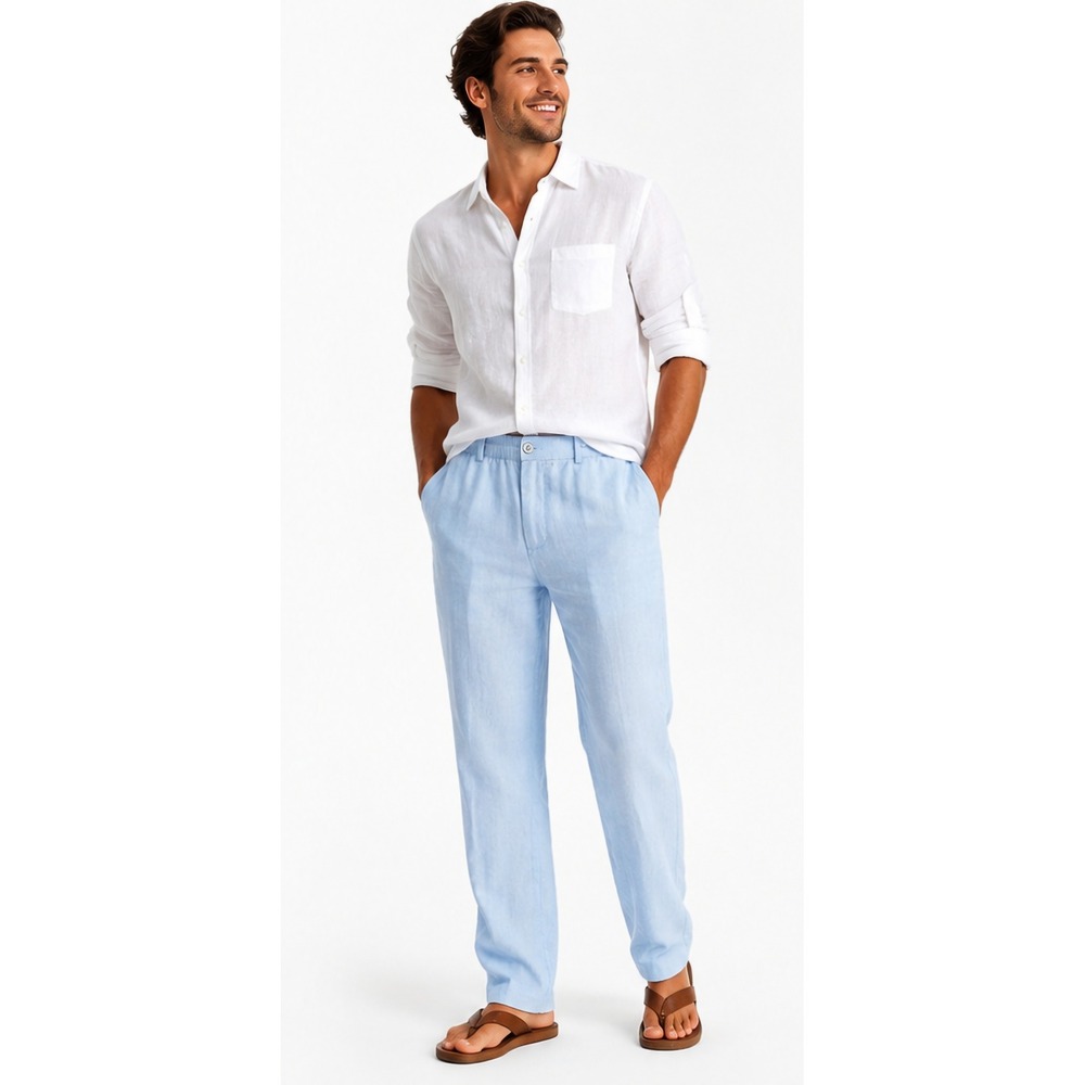COOFANDY Men's Linen Blend Drawstring Casual Beach Pants Light Blue Size Large